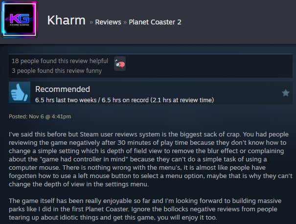 Screenshot showing Steam user reviews of Planet Coaster 2.